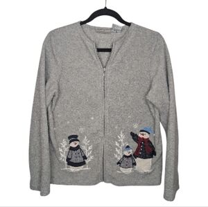 Vintage Womens Small Grey Zip Up Fleece Snowman Embroidered Winter Sweater